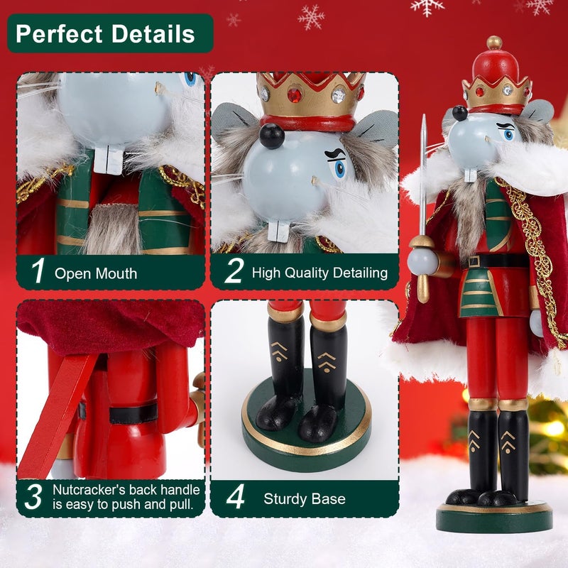 BXO Store Christmas Decorations Nutcracker Ornament,12 inch Wooden Traditional Nutcracker,Festive Collectible Christmas Nutcracker,Painted Nutcracker Figures Party Tabletop Thanksgiving Decor(Mouse King) - Image 3